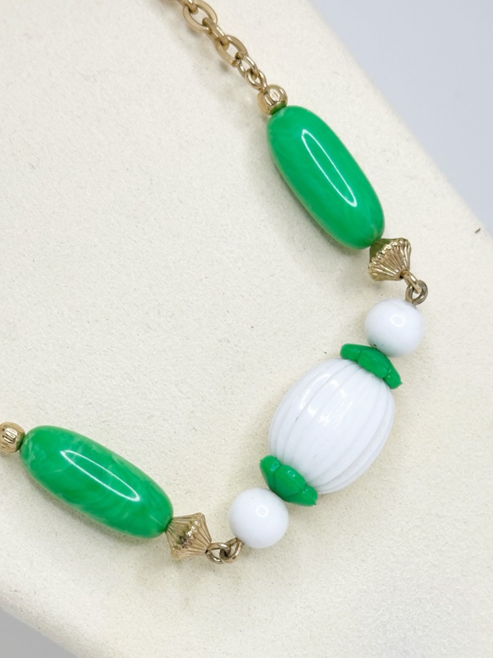 Avon Necklace Green and White Lucite Beads Gold Tone